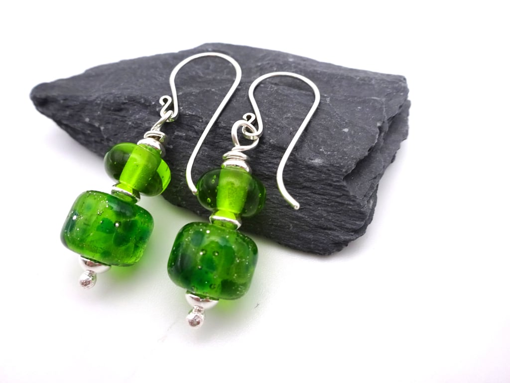 lampwork glass green and silver earrings