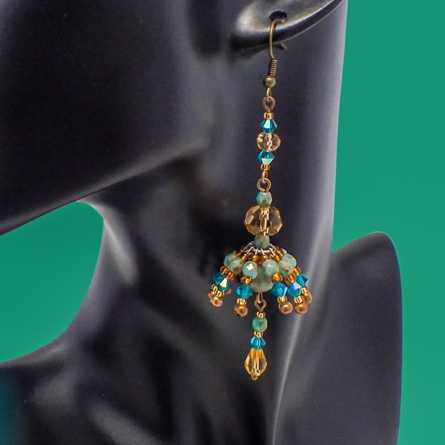 Bohemian Teal Green and Turquoise Long Dangle Chandelier Earrings, Jhumka Style