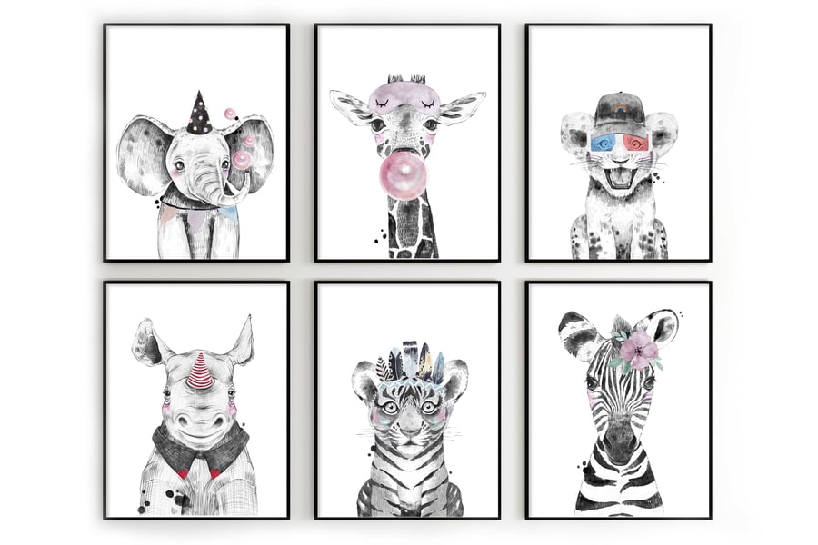 Watercolor  safari animals nursery prints, safari animals wall decor