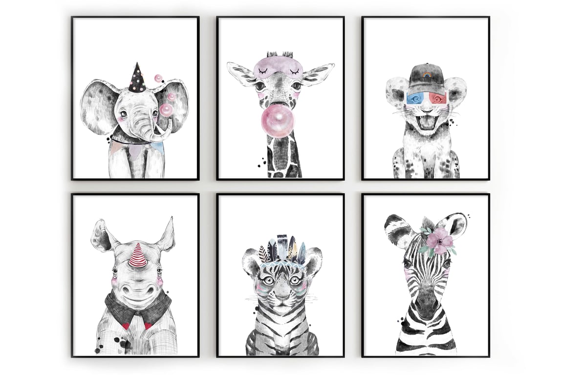 Watercolor  safari animals nursery prints, safari animals wall decor