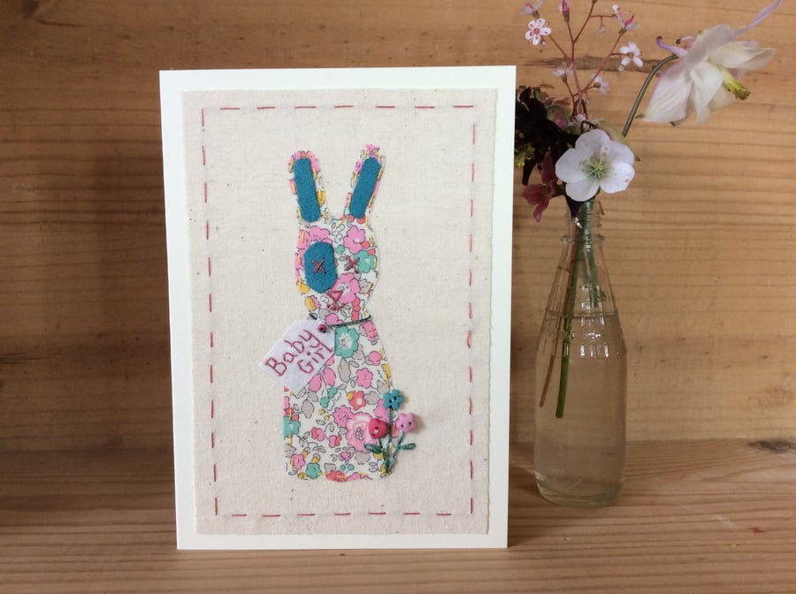 New baby girl hand embroidered bunny card