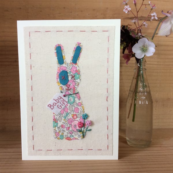 New baby girl hand embroidered bunny card