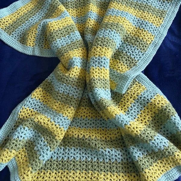 Multi Green striped crochet small blanket 
