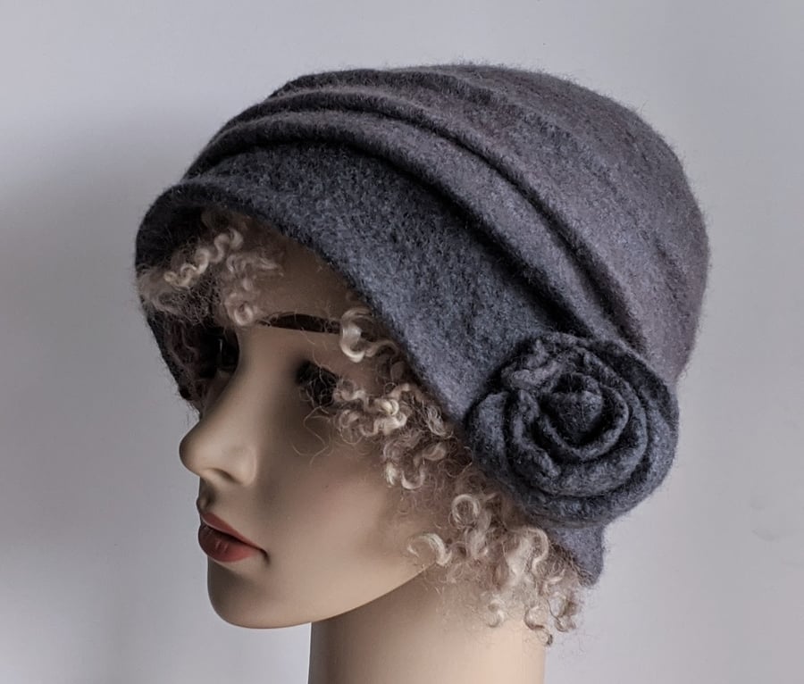 Felted wool cloche hat: Shades of grey, double layered