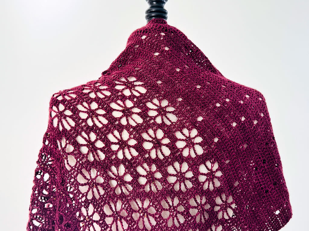 An Asymetrical Handmade Crochet Shawl in Burgundy Silk, Yak and Merino Wool