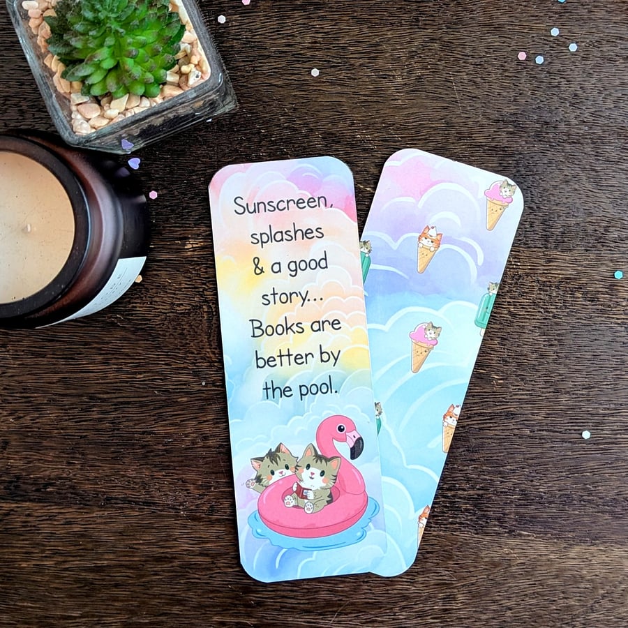 Cute Summer Cat Bookmark, Poolside Reading Accessories, bookwork beach gift.