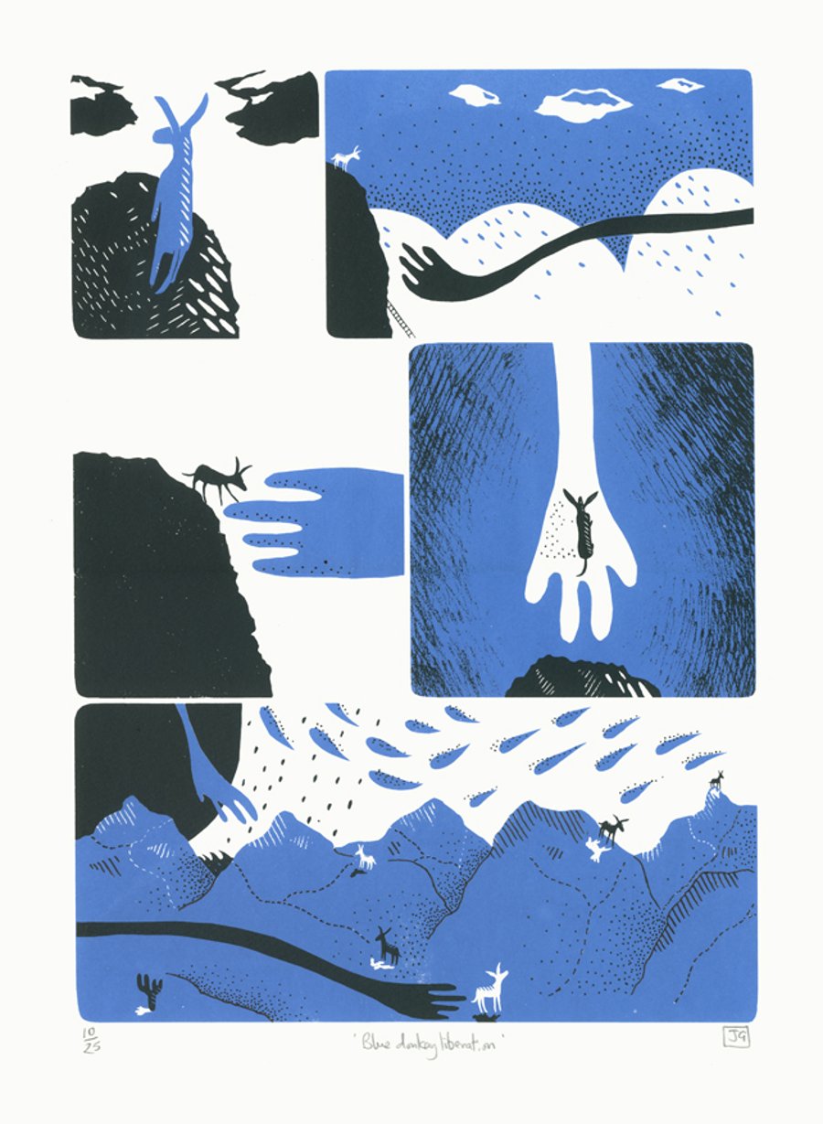 Blue Donkey Liberation A3 2-colour screen-print