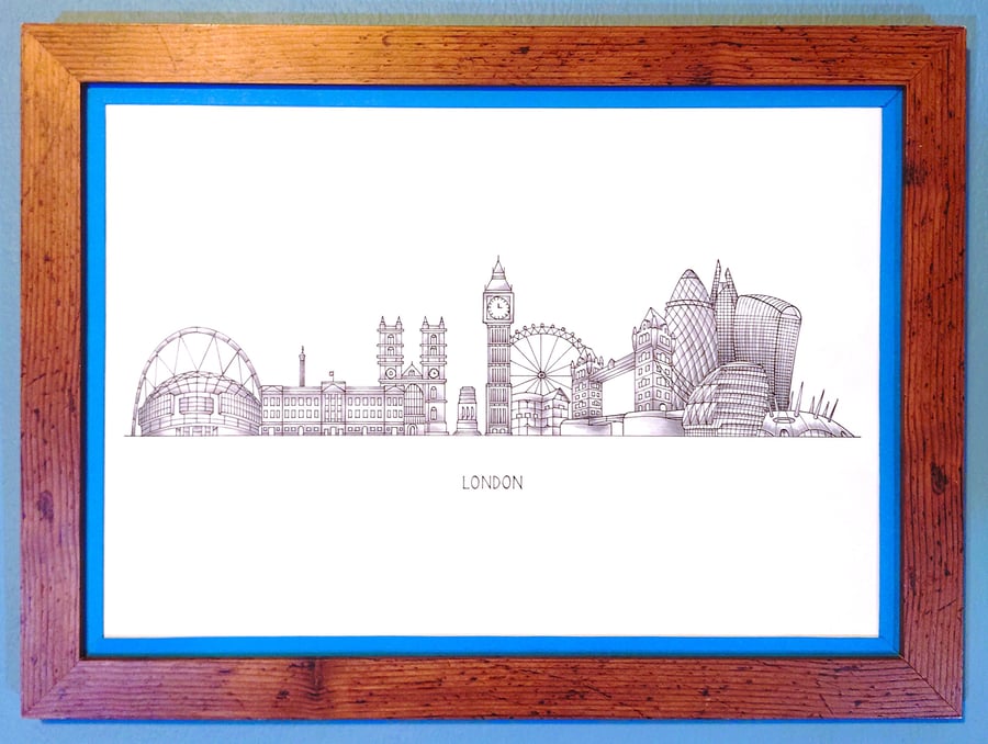 London Cityscape Handmade Unique Framed A3 Print Dark Blue Border Wallart Gift