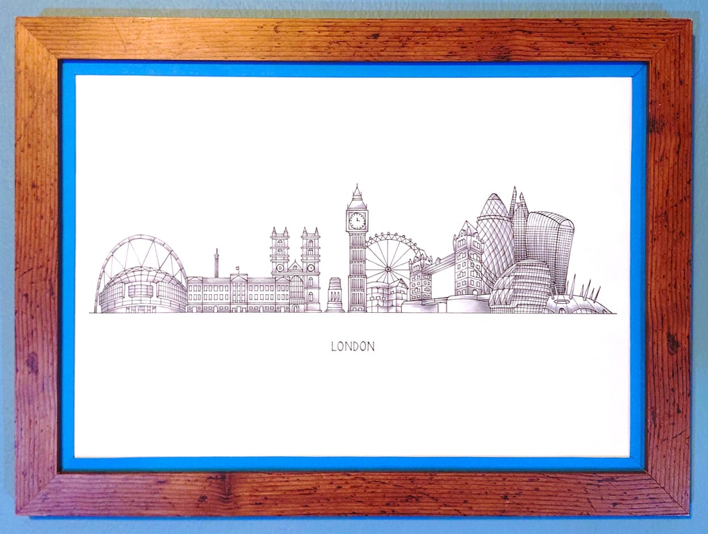 London Cityscape Handmade Unique Framed A3 Print Dark Blue Border Wallart Gift