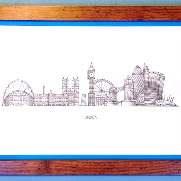 London Cityscape Handmade Unique Framed A3 Print Dark Blue Border Wallart Gift