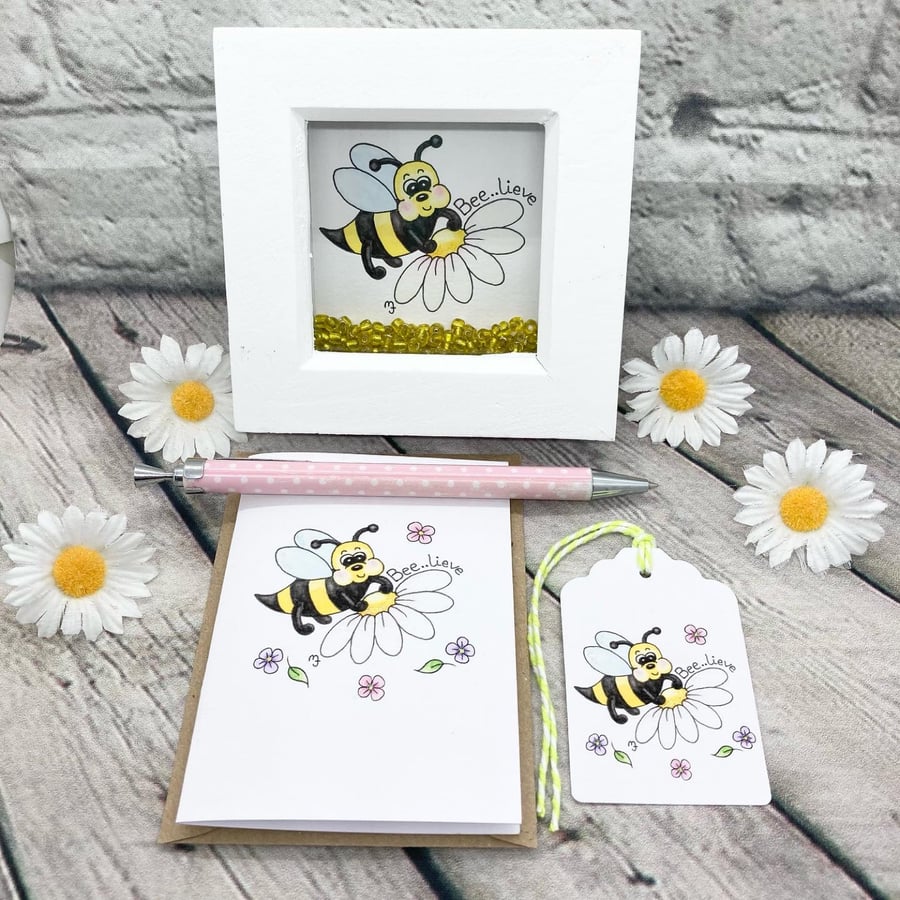Bee..lieve Bee Gift Set - Mini Framed Original Bee Artwork with Card & Gift Tag