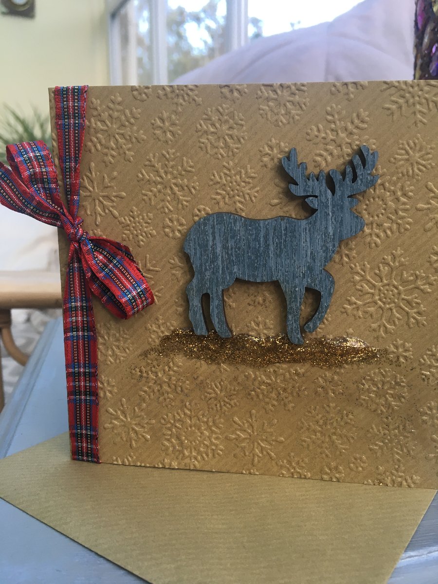 Stag in snow glitter kraft card christmas card