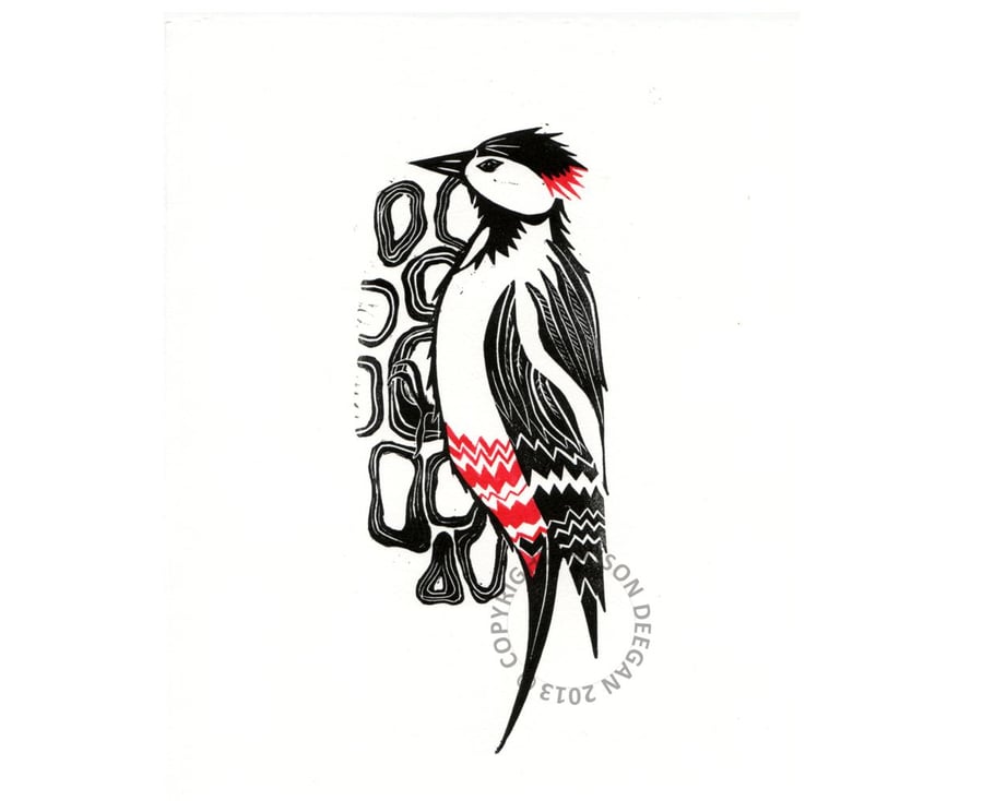 Original lino cut print Woodpecker