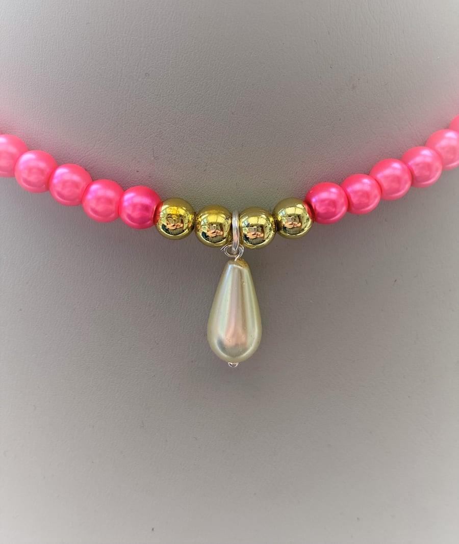 Pink Pearl Drop Choker- Short Pink Necklace-Pearl drop Jewellery- Gift for Her