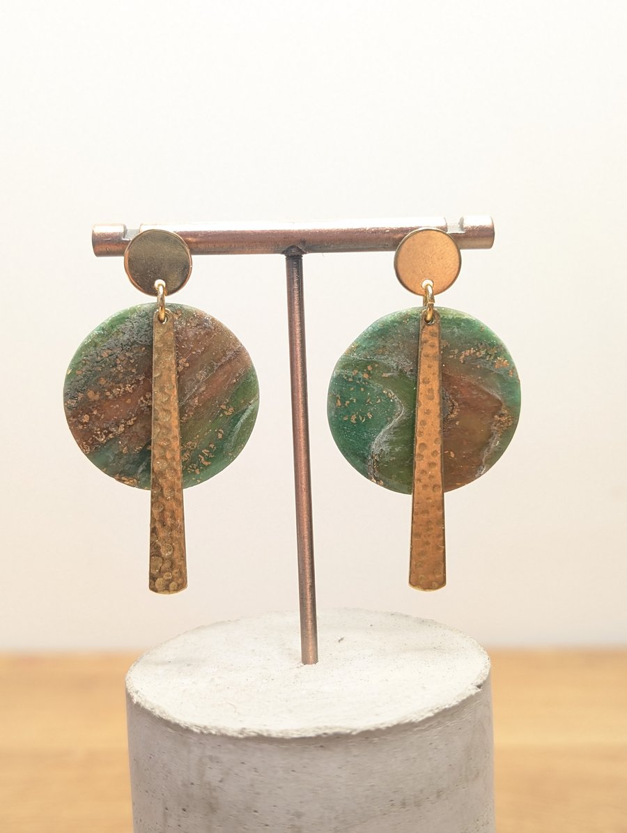 Green earthy agate polymer clay earrings- circles