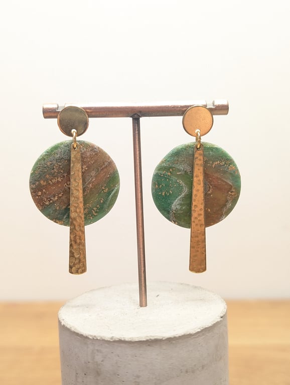 Green earthy agate polymer clay earrings- circles