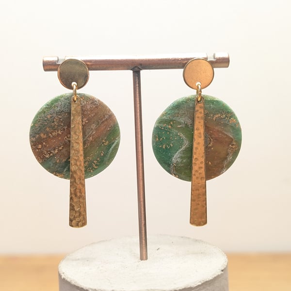 Green earthy agate polymer clay earrings- circles