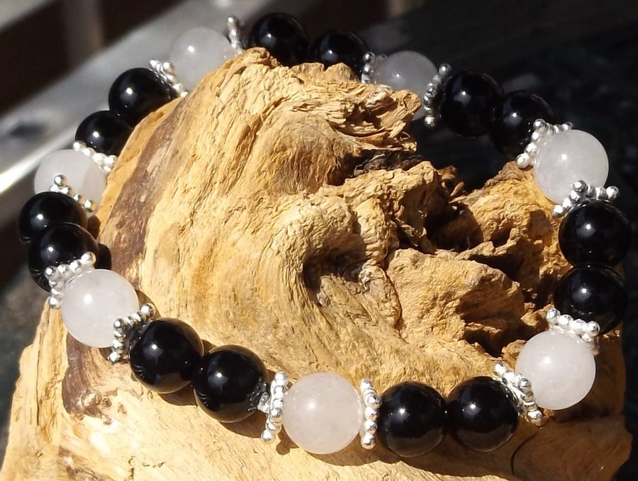 Black agate and white jade stretch bracelet with silver spacers