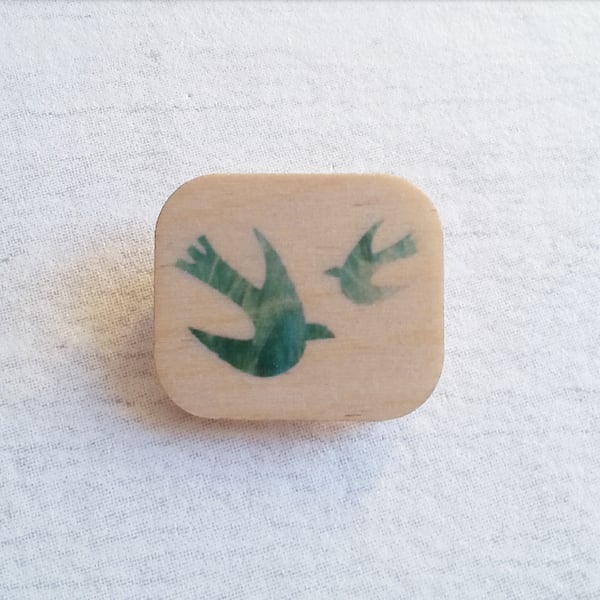 Wooden Bird Brooch, Green Bird Brooch, Bird Badge, Bird Pin