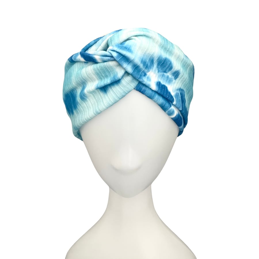 White and blue ribbed tie dye twisted headband head wrap for women