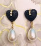 Handmade Black Velvet-like Heart Earrings with Pearl Drops & Rhinestone Accents