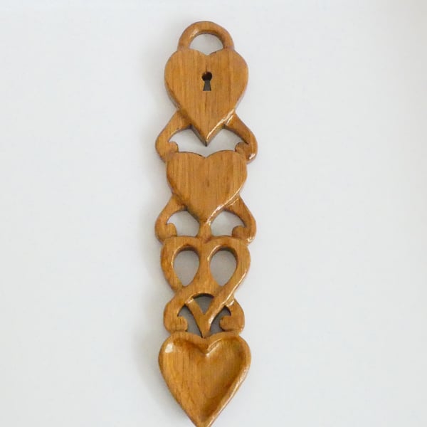 Upcycled Wooden Oak Love Spoon with a Heart Shaped Padlock, Keyhole and Heart