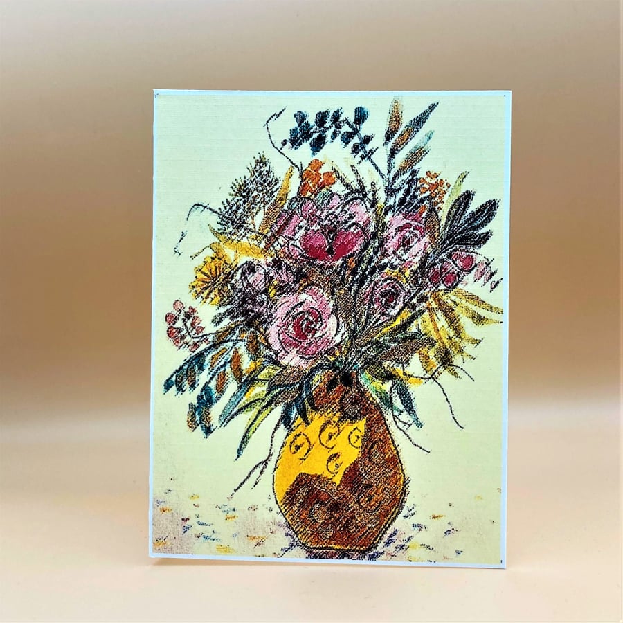 Colorful flowers in a Patterned Vase. Pretty floral blank Greetings Card,  . 