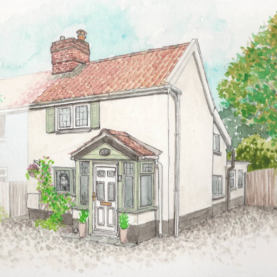 Personalised, hand-drawn house portrait in black & white or watercoloured