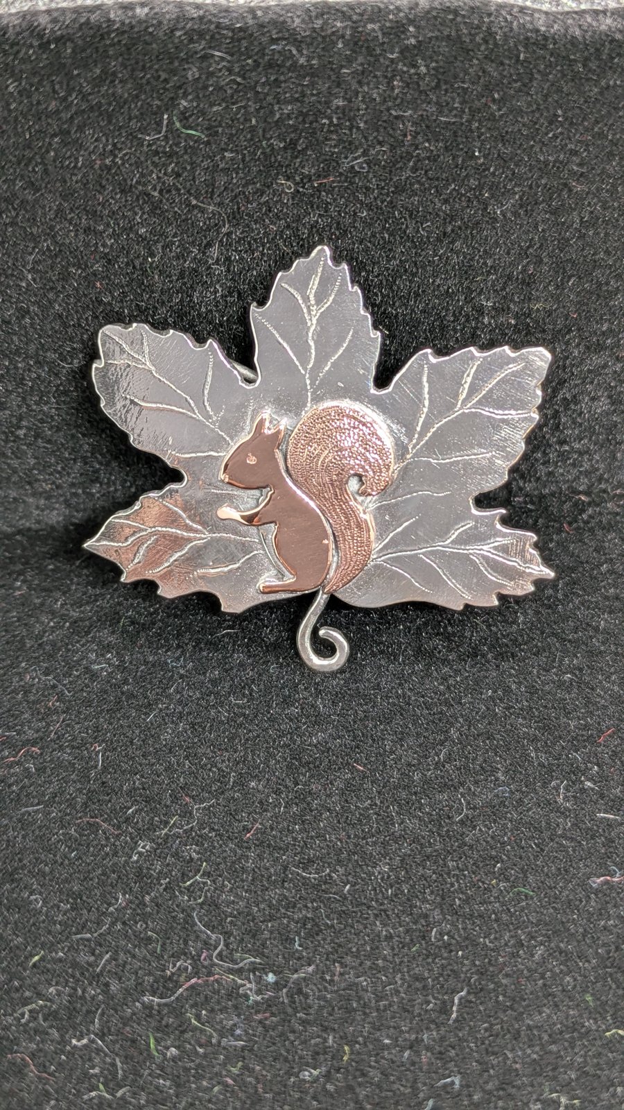 Red squirrel brooch, Sterling silver and copper leaf brooch, Squirrel jewellery
