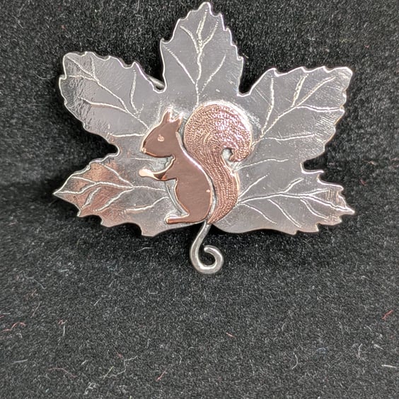 Red squirrel brooch, Sterling silver and copper leaf brooch, Squirrel jewellery