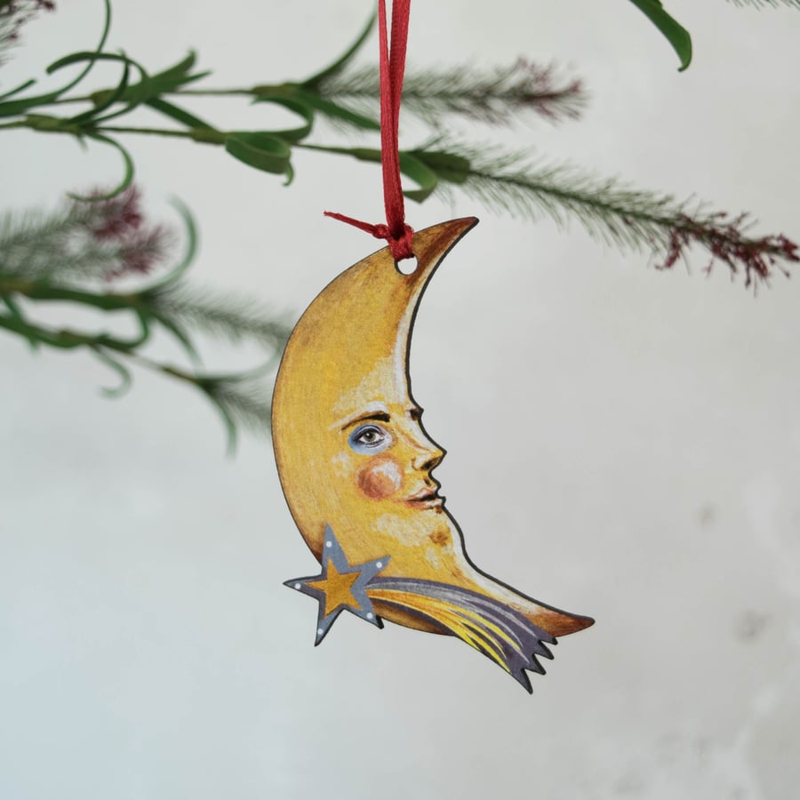 Crescent moon face with a shooting star wooden hanging decoration