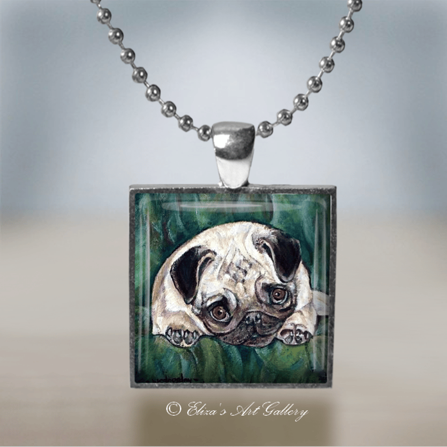 Silver Plated Pug Dog Painting Pendant Necklace