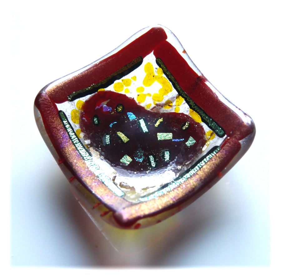 Ring Dish Fused Glass 7cm Red Heart dichroic 