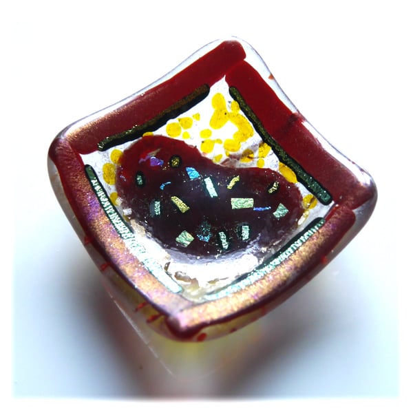 Ring Dish Fused Glass 7cm Red Heart dichroic 