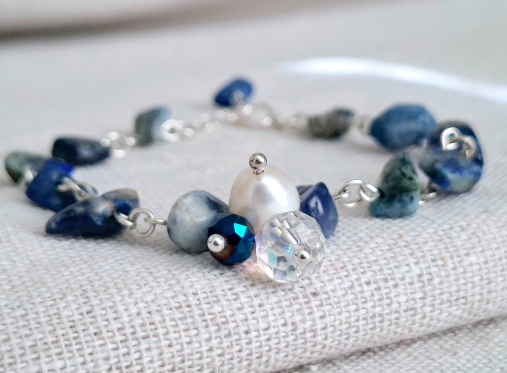 Blue Sodalite Bracelet, Sterling Silver Gemstone Jewellery, Charm Bracelet