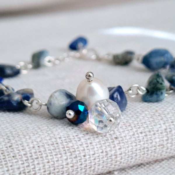 Blue Sodalite Bracelet, Sterling Silver Gemstone Jewellery, Charm Bracelet