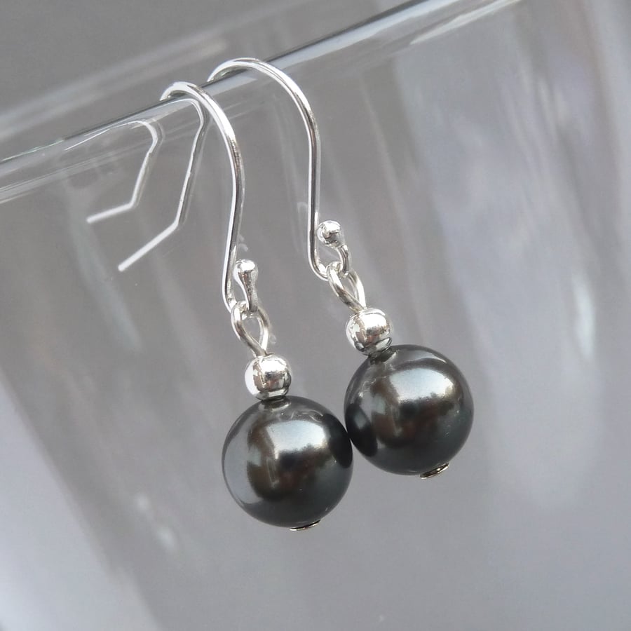 Simple Black Glass Pearl Drop Earrings - Dark Charcoal Grey Dangle Earrings