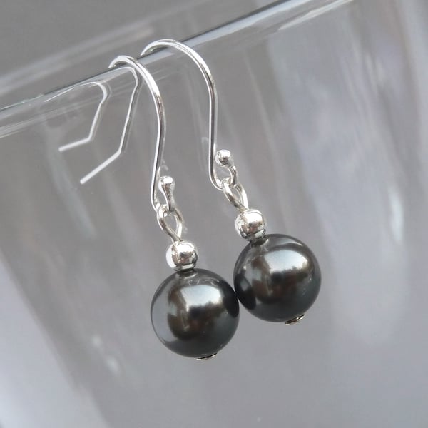 Simple Black Swarovski Pearl Drop Earrings - Dark Charcoal Grey Dangle Earrings