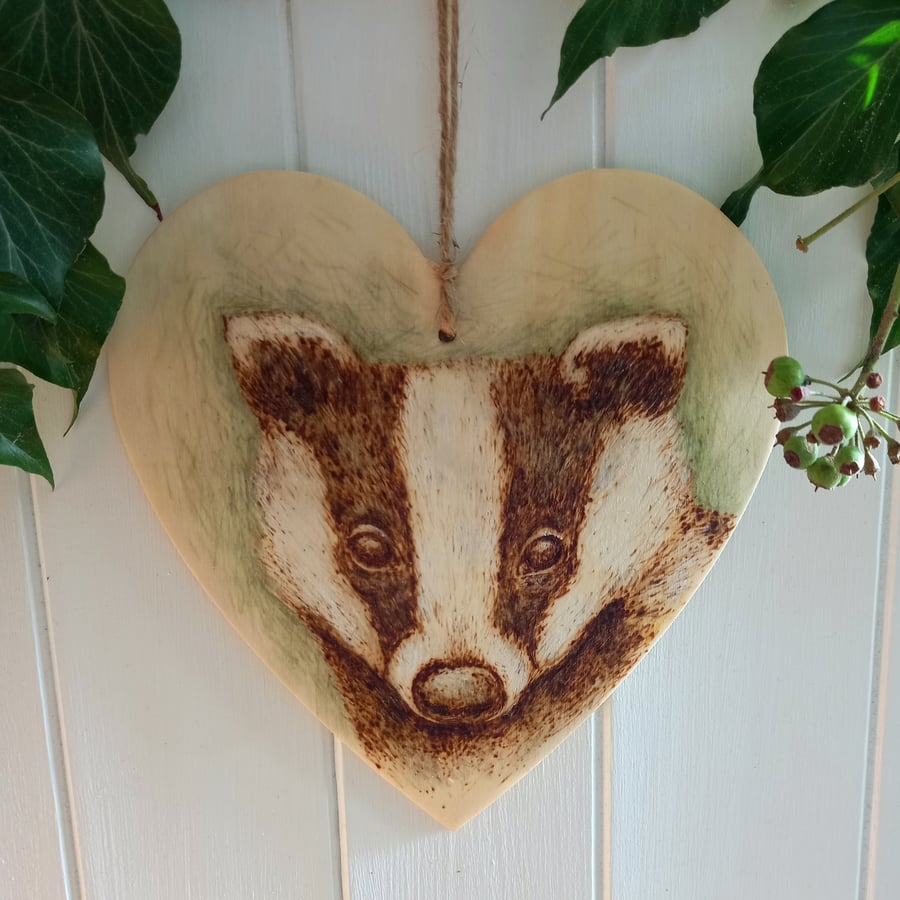 Badger pyrography wooden heart hanging decoration