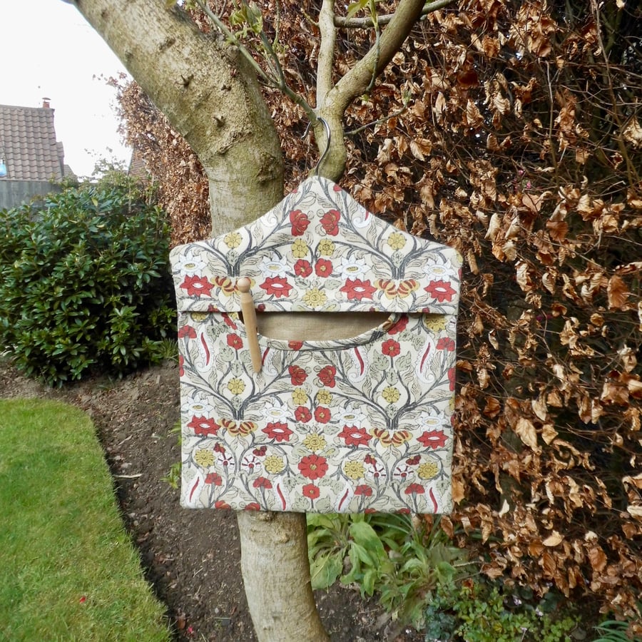 SOLD Peg bag in cream and red floral fabric for clothes pins