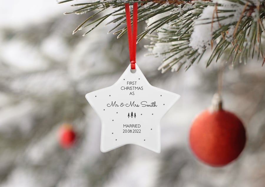 Personalised First Christmas Married Ceramic Star Christmas Decoration Ornament