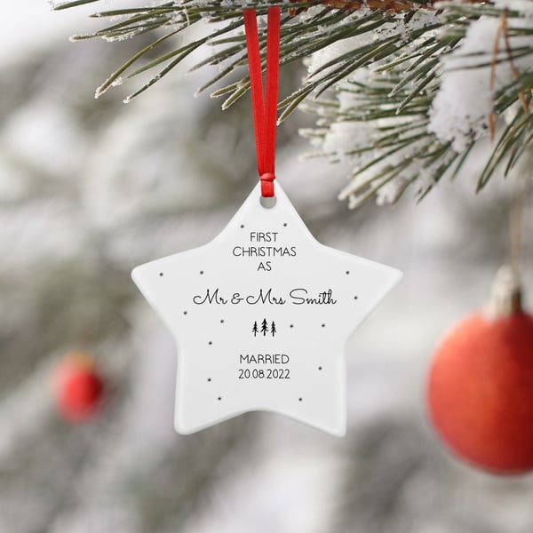 Personalised First Christmas Married Ceramic Star Christmas Decoration Ornament