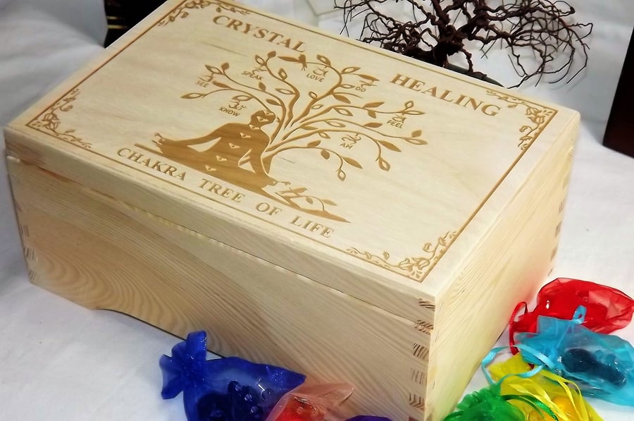 CRYSTAL HEALING Engraved CHAKRA Tree-Of-Life Spiritual Wooden Storage Box.