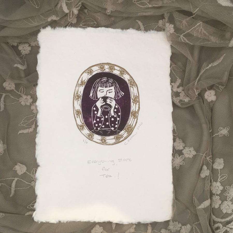 Everything Stops for Tea -  Lino print for a tea lover or Coffee