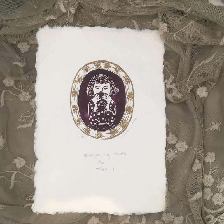 Everything Stops for Tea -  Lino print for a tea lover or Coffee