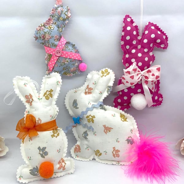 Handmade Easter Bunny Decoration Set – Fabric Rabbit Ornaments 4 Piece