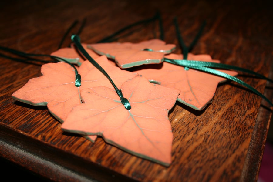 Handmade terracotta ceramic ivy leaf hanging decoration