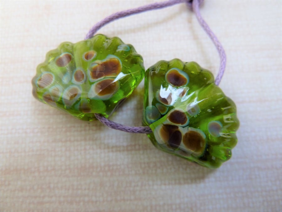 green raku lampwork shell beads