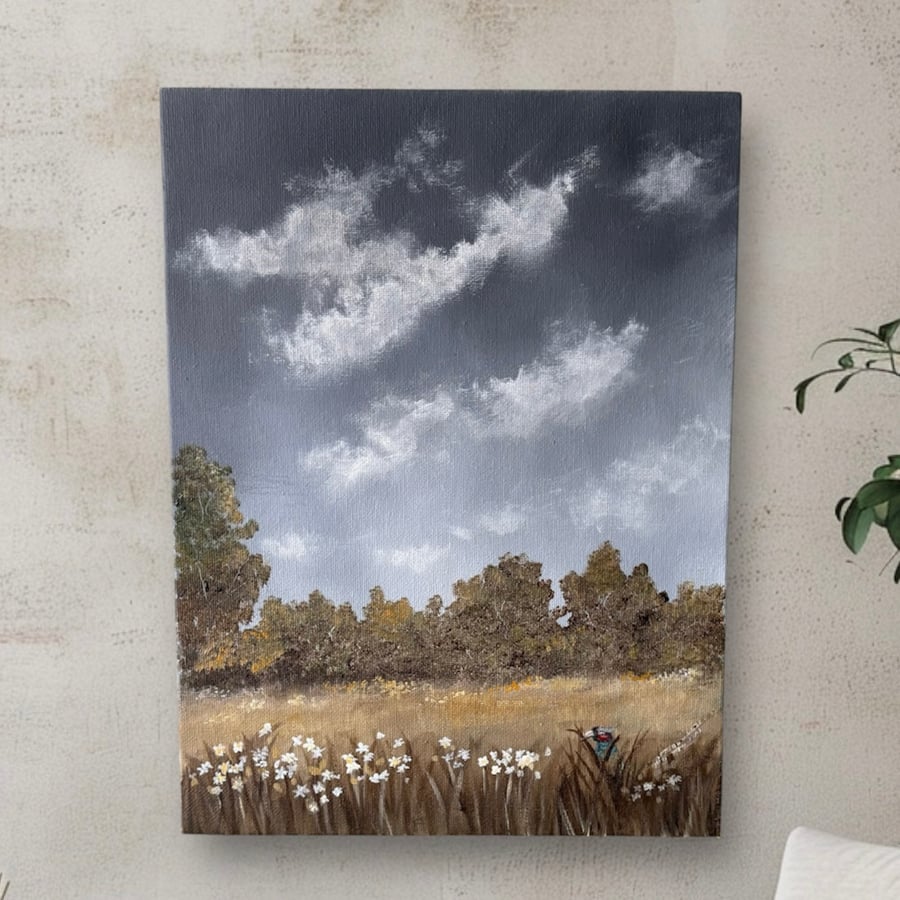 Original acrylic landscape painting with a pheasant, wall art