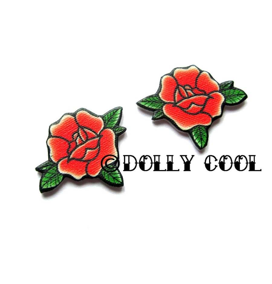 Rose Earrings in Rockabilly Red Tattoo Flash Old School Style by Dolly Cool